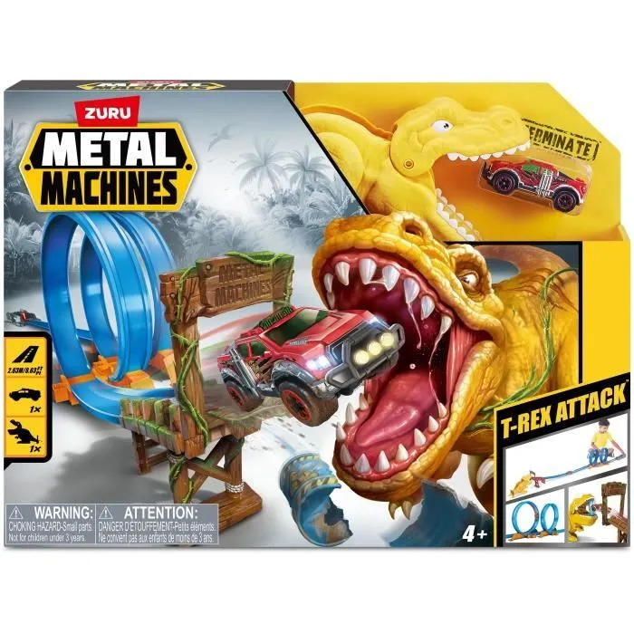 Circuit de Voitures - ZURU - T-Rex Attack Metal Machine - Véhicule à lancer pour vaincre le dinosaure avec boucles-0