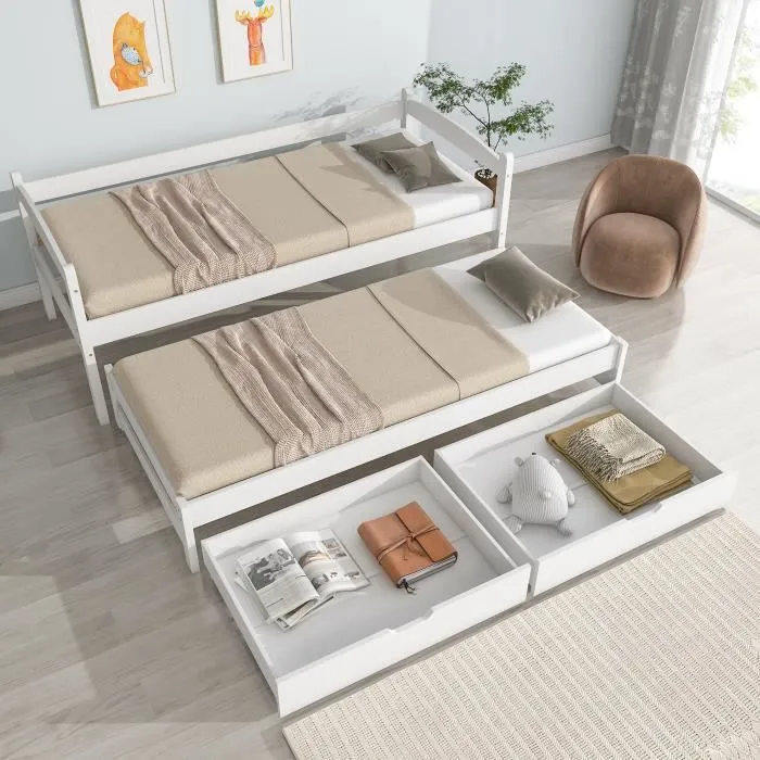 Lit gigogne avec rangement 2 places, Lit enfant avec roulettes, avec 2 tiroirs en MDF, Cadre en bois massif, Blanc,200x90cm-190x90cm-1