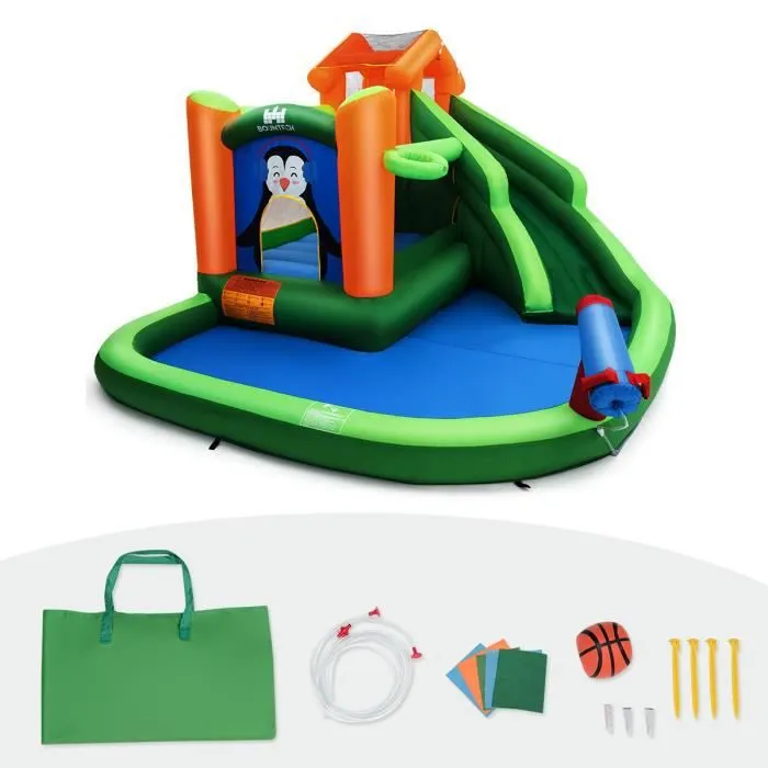 COSTWAY Château Gonflable pour Enfants 3-10 Ans Motif de Pingouin avec Toboggans Aquatiques,Canon à Eau,Panier de Basket-ball Vert-0