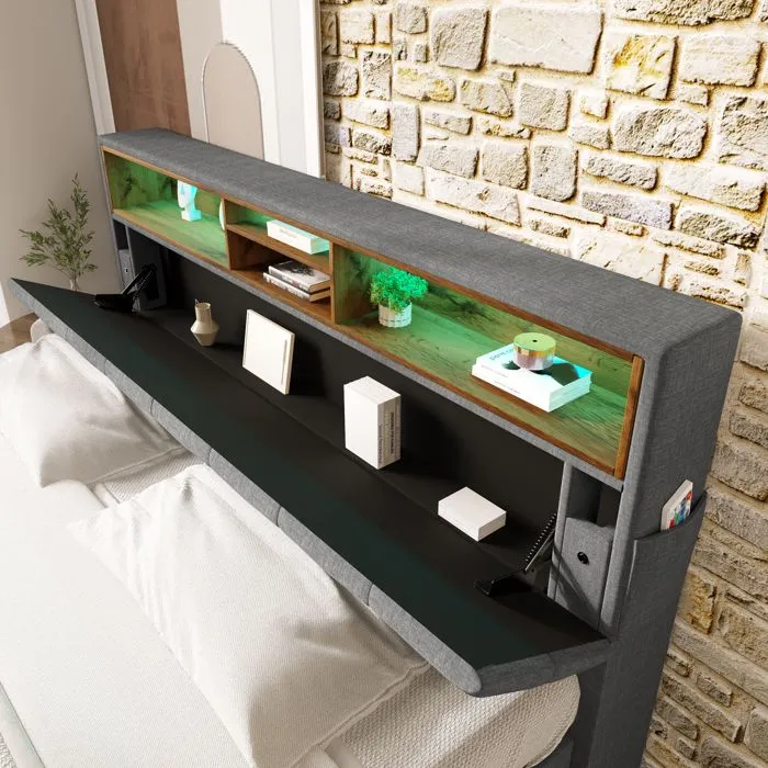 Lit adulte 140x200 cm - Tête de lit avec rangement, LED - Gris - MODERNLUXE - Design contemporain-5