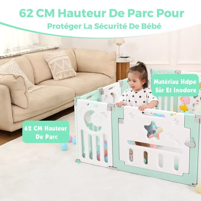 Parc Bébé - XL - Vert - Plastique Ecologique - 0 à 3 ans - 14 Panneaux - 150×150cm - Pliable-2