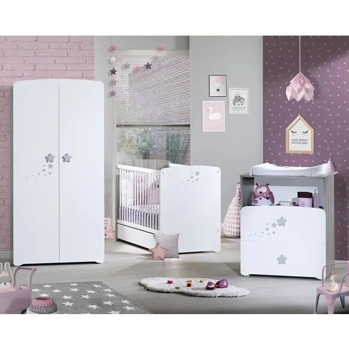 Chambre bébé trio Nao: lit 120x60, commode à langer et armoire - Babyprice - Blanc-1