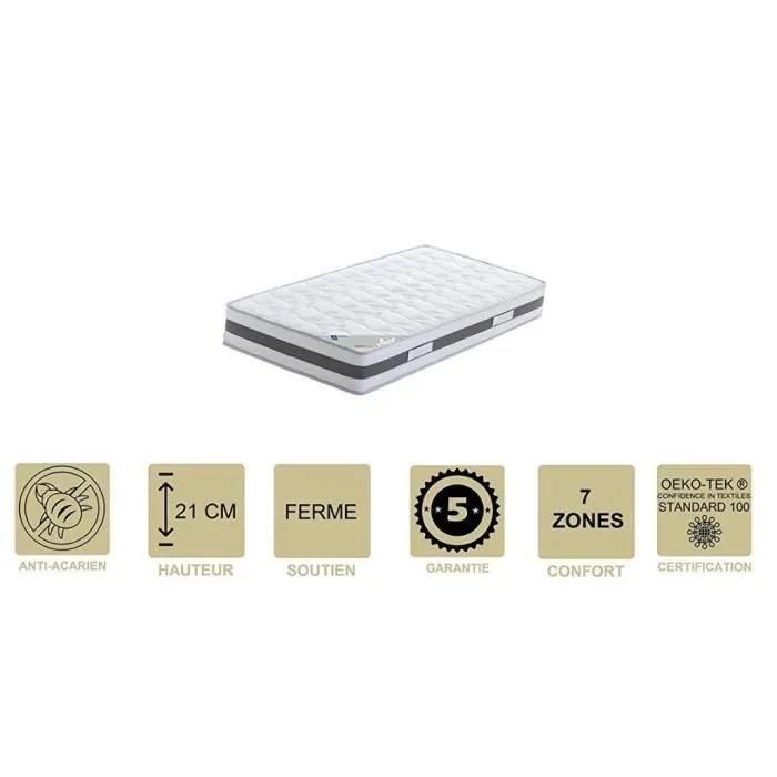 Lot de 2 Matelas Mémoire de Forme 62 Kg-m3 90x200 x 21 cm Ferme + 2 Oreillers Visco - 7 Zones de Confort - Noyau Aertech+ 35 Kg-m-0