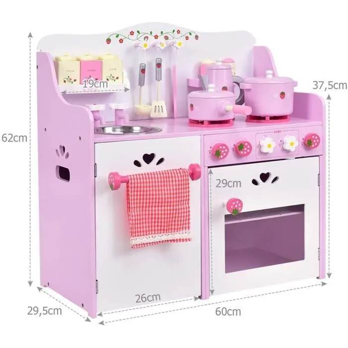 COSTWAY Cuisine Enfants en Bois avec Sons Réel - 13 Accessoires 60 x 29,5 x 62 CM avec Poêle, Pot, Placard, Four, Ustensiles en Rose-3