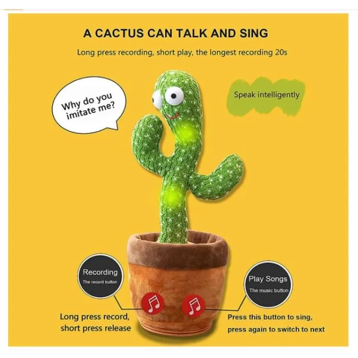 Cactus Dansant,Jouet Cactus Enfants Qui Peut Chanter et Danser,Répéter Le Toys Cactus Parlant,Cadeaux en Peluche Cactus pour bébé-3