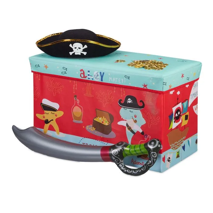 Relaxdays Tabouret Coffre à jouets boîte à jouets couvercle pouf enfant pliable rangement pirate 50L, rouge-0