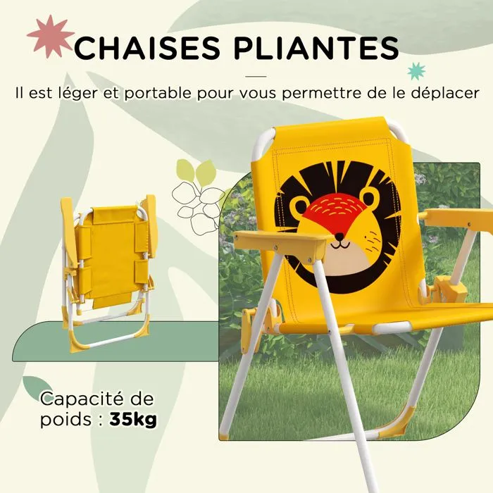 Ensemble salon de jardin enfant 4 pcs design lion - chaises pliables - métal polyester jaune rouge-4