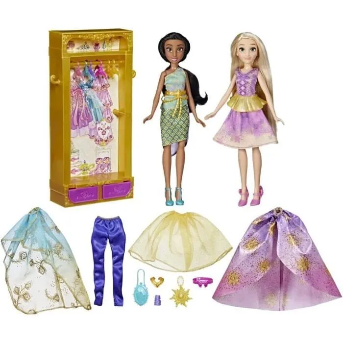 Disney Princesses Le dressing de Jasmine et Raiponce, armoire avec tenues pour poupées, jouet pour enfants, dès 3 ans-0