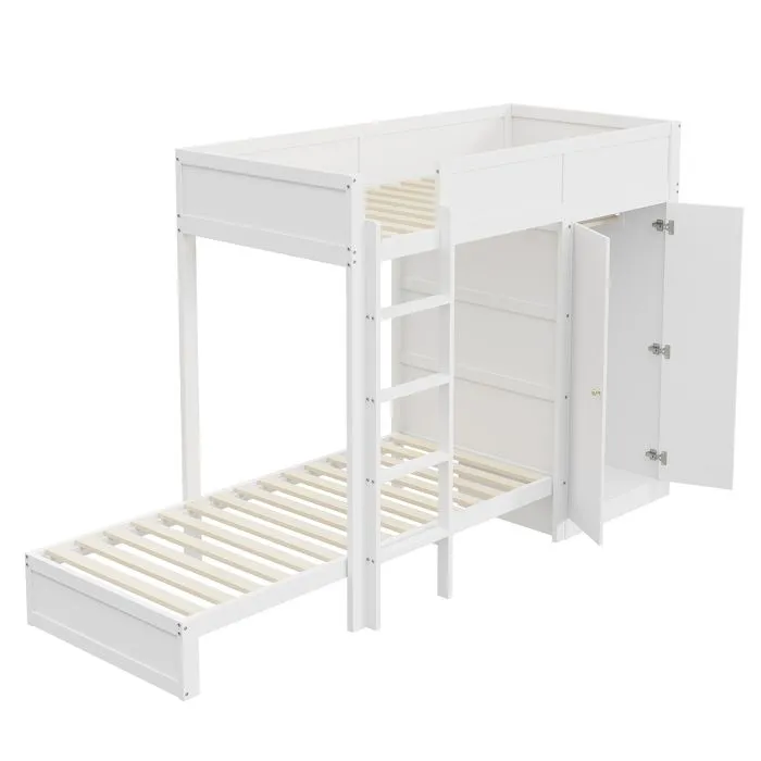 Lit superposé 90x200cm - Blanc - Armoire intégrée - 2 places - Escalier de sécurité - Bois de pin-5