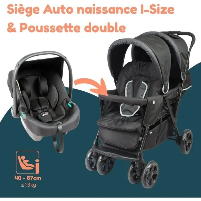Poussette double jumeaux - BAMBISOL - Combiné Poussette Double + Siège Auto I-size - 4 roues - Noir-1