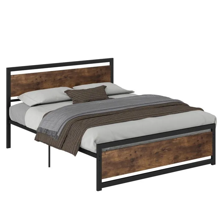 HOMCOM - Cadre du lit double - Acier - 167x208x103cm - Brun avec veinage, Noir-0