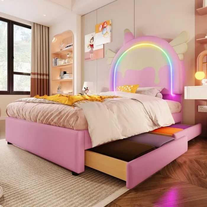 Lit enfant - Licorne - 90x200cm - 2 tiroirs - Sommier à lattes - LED rose-0