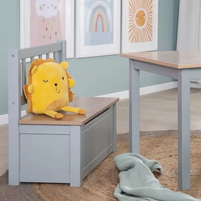 ROBA Banc Coffre à Jouets Woody pour Enfant - Meuble de Rangement en Bois 2 en 1 - Fermeture Douce - Taupe / Aspect Bois-2