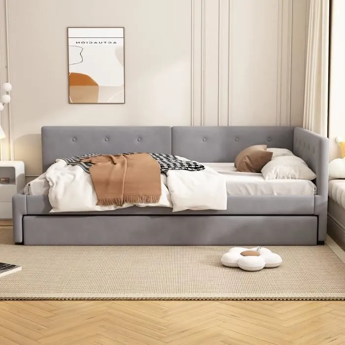 Lit gigogne - Velours - 90x200cm + 90x190cm - 2/3 places - Sommier à lattes - Gris-1