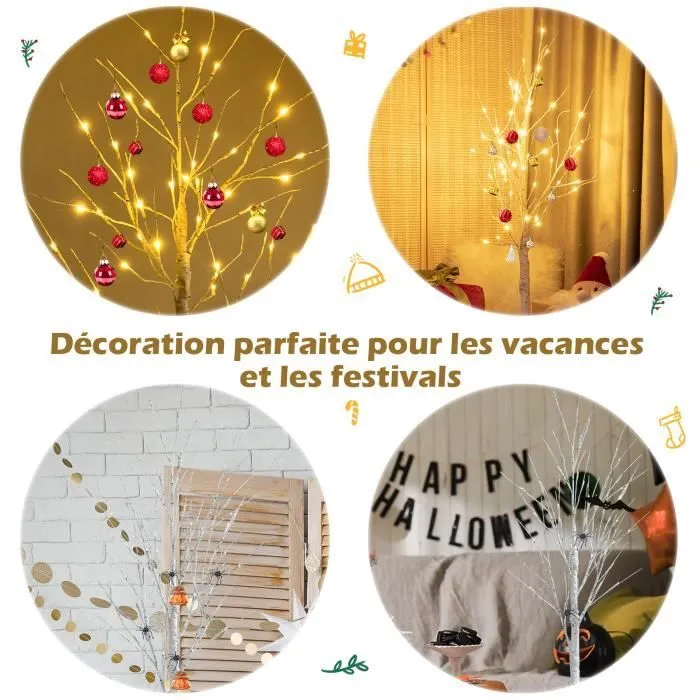 COSTWAY Arbre Artificiel 150cm Bouleau Blanc Chaud Flexible 72 Lumineux LED Intérieur Base Plastique Décoration de Noël PVC Inodore-2
