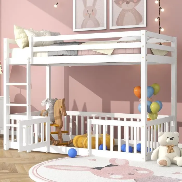 Lit superposé enfant 200 x 90 cm avec escalier, Lit enfant avec barrières et porte en bois massif, Blanc-1