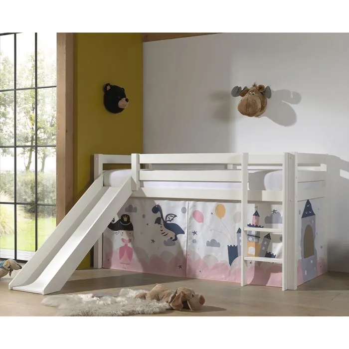 Vipack - PINO Lit mezzanine avec toboggan + Rideau pour lit en 4 parties Princesse-0