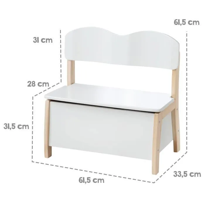 Banc Coffre à Jouets pour Enfant en Bois - ROBA - Meuble de Rangement 2 en 1 - Blanc / Naturel-2
