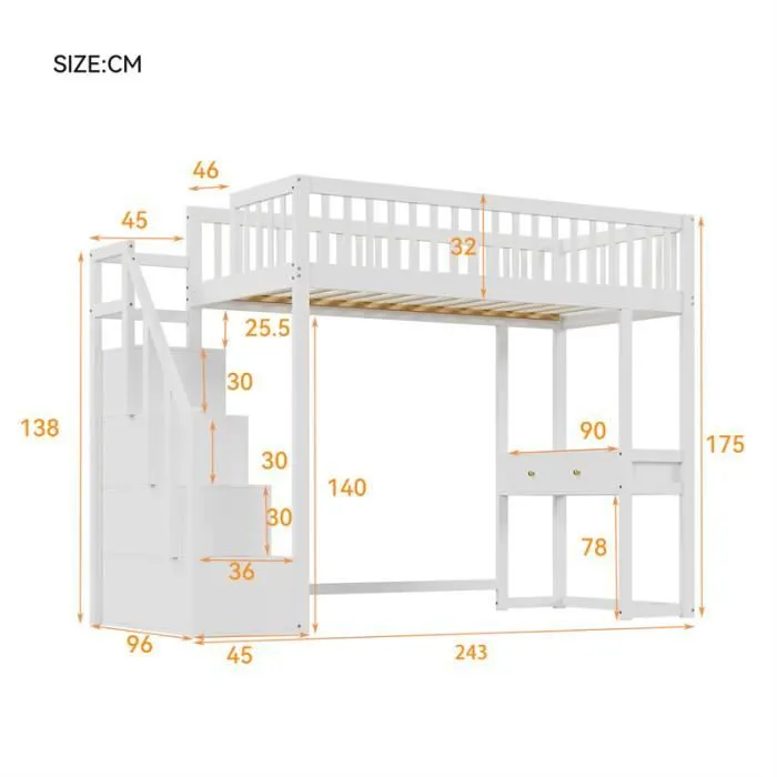 Lit mezzanine 90x200cm - lit enfant avec bureau avec tiroirs, escalier de rangement, sommier à lattes - cadre en pin- blanc-3