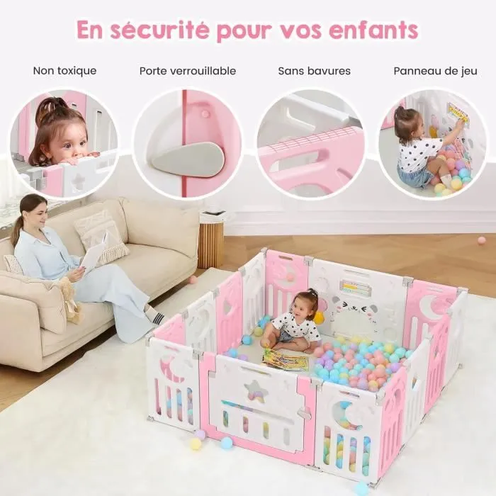 Parc Bébé Pliable, Parc Bebe Modulable Plastique 150×150cm, Parc Bebe avec Porte, Parcs Enfant XL avec Panneau d'activité, Rose-2
