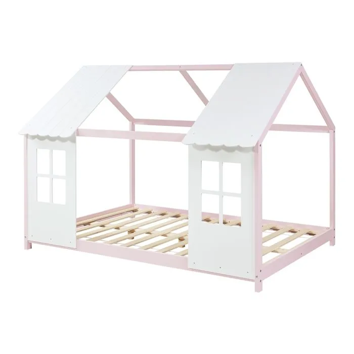 Lit cabane Tostedt pour enfant forme maison bois de pin 140 x 200 cm rose blanc [en.casa]-2