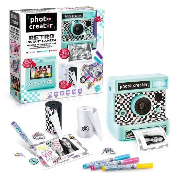 Canal Toys - Appareil Photo Rétro à impression instantanée - 4 rouleaux de papier dont 1 autocollant, feutres et stickers - CLK 019-0