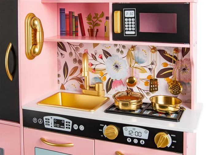 Cuisine en Bois MEMO Pink pour Enfants : Lumières et Sons Réalistes, Accessoires Dorés ! Amusement et éducation!-2