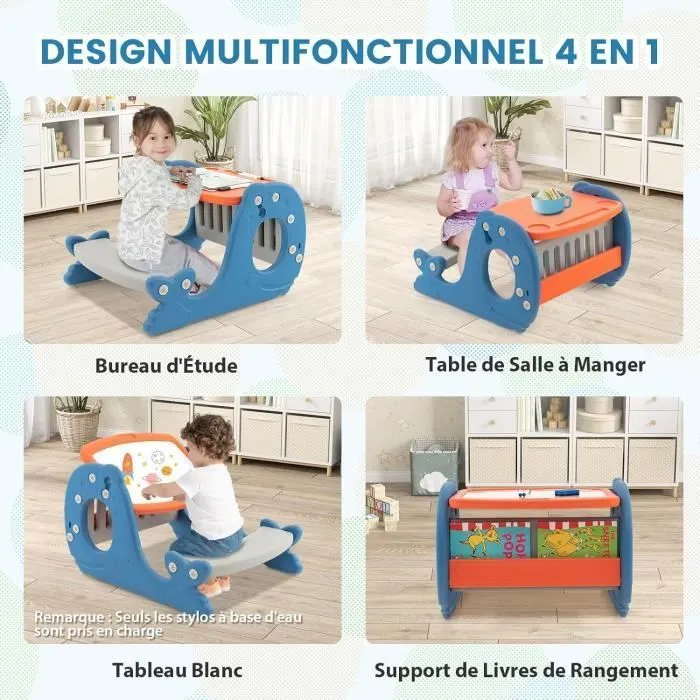 COSTWAY Tableau de Dessin 4 en 1 (Table à Manger-d'Etude, Bibliothèque à l'Arrière) Angle Ajustable 30°, 1-5 Ans,Forme Baleine-1