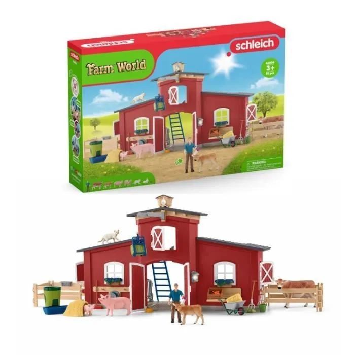Figurines Animaux de la Ferme avec Accessoires - Coffret Ranch Américain Schleich de 92 Pièces avec Vache, Cheval Schleich, Cochon-0