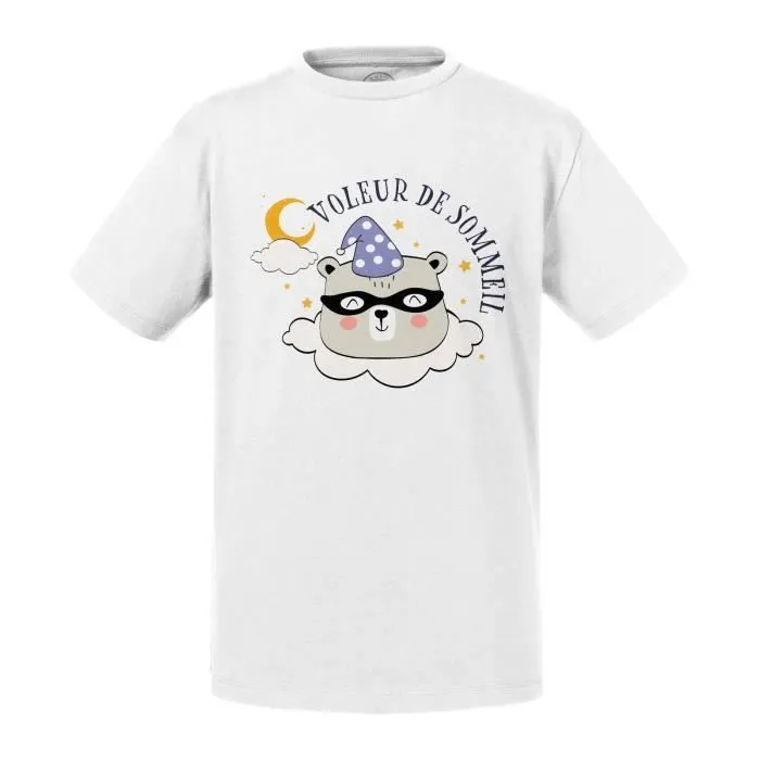 T-shirt Enfant Blanc Voleur de Sommeil Dessin Illustration Animaux-0