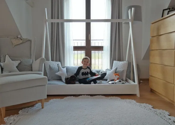 Lit pour enfant Maison 2-en-1 Tente Cabane en Bois Naturel (160x80 cm) Avec matelas eco : Aventures Ludiques et Repos Douillet - Bl-4