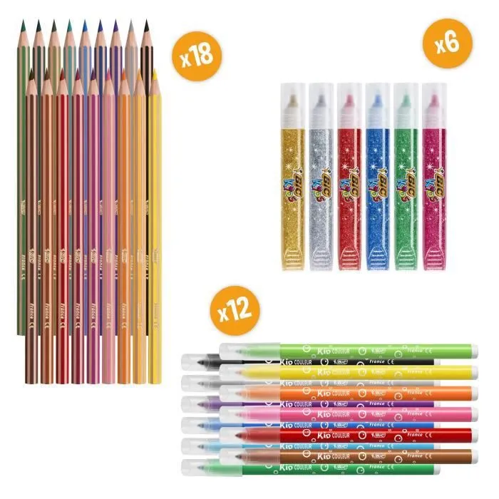 BIC My Colouring Box - Kit de Coloriage avec 12 Feutres/18 Crayons de Couleurs/6 Colles Pailletées, 1 Livre de Coloriage et-2
