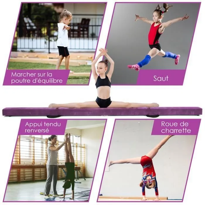 COSTWAY Poutre de Gymnastique Pliable 210cm pour Enfants avec Poignées de Transport 4 Patins Antidérapants Couverture en Daim Violet-1