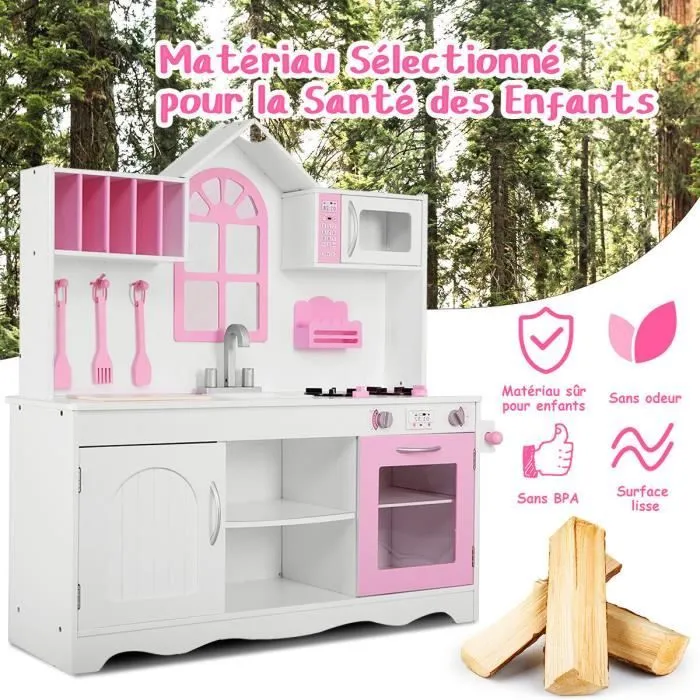COSTWAY Cuisine Enfants Dinette en Bois avec Evier, Four, Micro-ondes,Cuisinières, 3 Spatules, 109 x 32 x 106,5 cm Rose-1