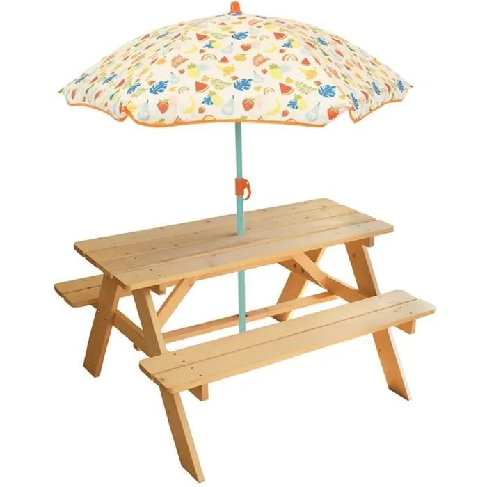 Table pique-nique en pin FUN HOUSE Fruity's avec parasol pour enfant - Multicolore/Orange-0