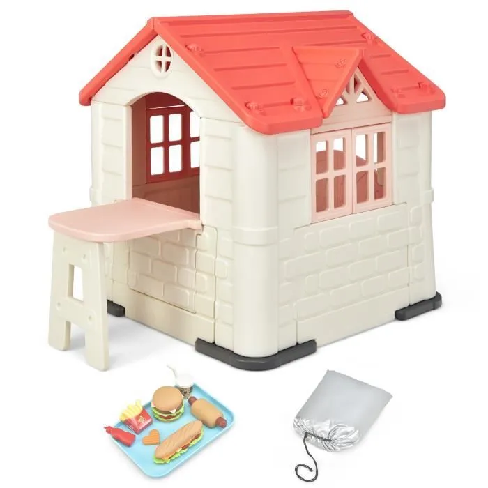 COSTWAY Maisonnette Enfants - 164x124x132 CM, Maison de Jeu avec Table de Pique Nique, Cabane de Jardin en PEHD Anti-UV Rose-0