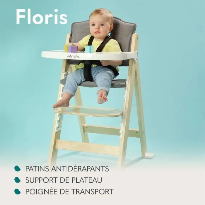 Lionelo Floris Chaise haute en bois pour bébé jusqu'à 40 kg, Gris-1