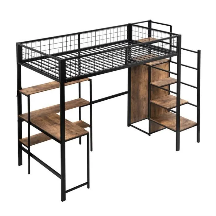 Lit mezzanine - DREAMMESPACE - 90x200cm - Métal noir - Bureau intégré - Étagères et armoire-2