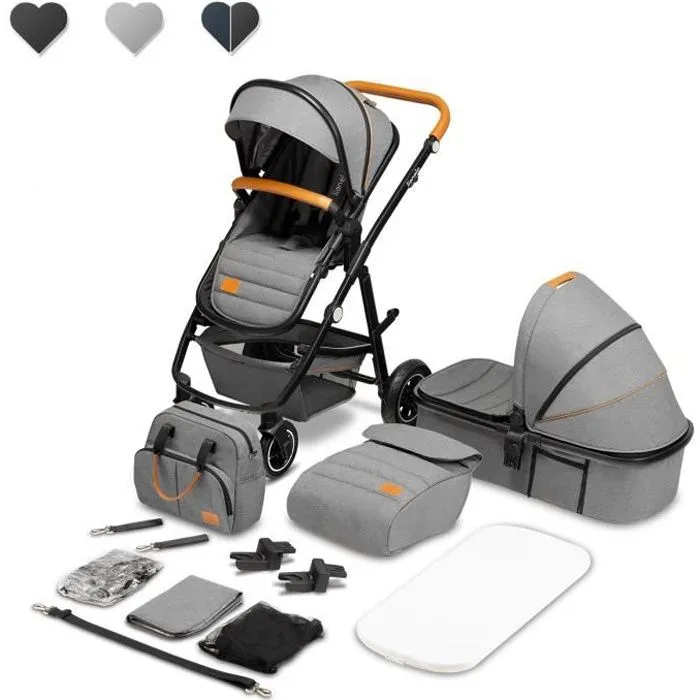 LIONELO Amber - Poussette bébé 2en1 - Jusqu'à 22Kg - Inclu nacelle, sac et accessoires - Gris-0