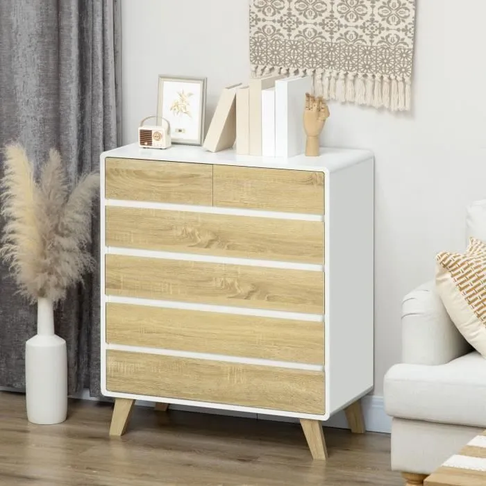 Commode - HOMCOM - Design scandinave - 6 tiroirs - Blanc aspect chêne clair-3