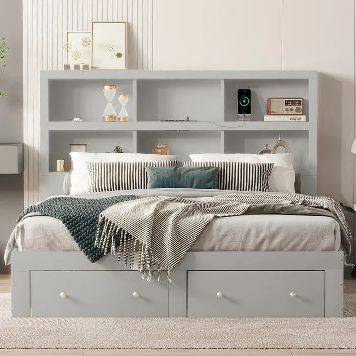 MODERNLUXE Lit adulte 160x200cm en bois massif avec tiroirs et tête de rangement - sommier à lattes - Gris-2