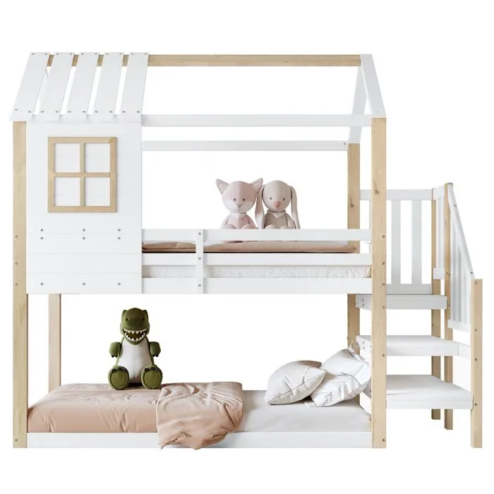 Lit superposé - Enfant - 90x200cm - Blanc + Naturel - Design avec fenêtre - Escalier d'angle-2