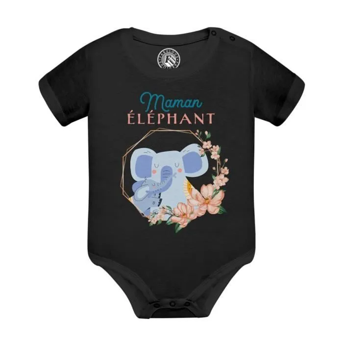 Body Bébé Manche Courte Noir Maman éléphant et son Bébé Dessin Illustration-0