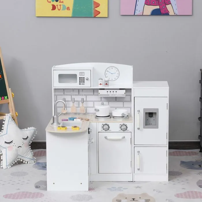 Cuisine bois jeu d'imitation - cuisine enfant - nombreux accessoires & rangements inclus - MDF pin blanc-2