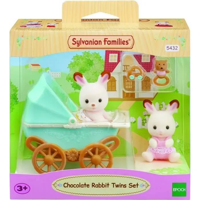 Figurines miniatures - SYLVANIAN FAMILIES - Les jumeaux Lapin Chocolat et leur poussette double-0