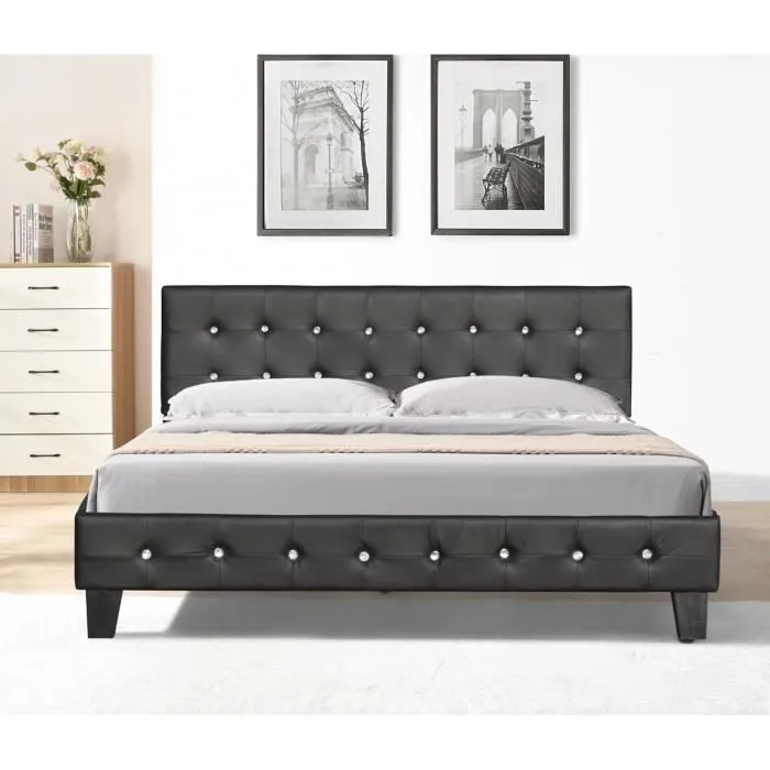 Lit 180x200 cm - Tte de Lit Capitonne Noir - Sommier Lattes 13 Rsistantes - Pieds en 10 cm-0