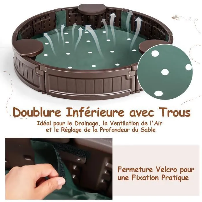 Bac à Sable Enfant - COSTWAY - Rond - Couverture Étanche et Anti-Poussière - 3 Sièges Détachables-2