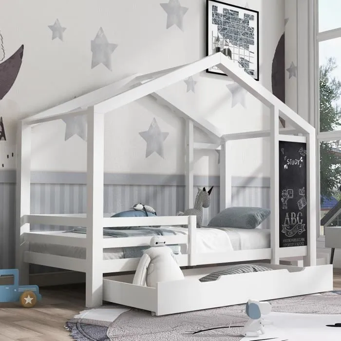 HOMAVO Lit enfant, Lit 90 x 200 cm, lit en bois avec planche et 2 tiroirs, bois massif avec clôture et sommier à lattes, blanc-1