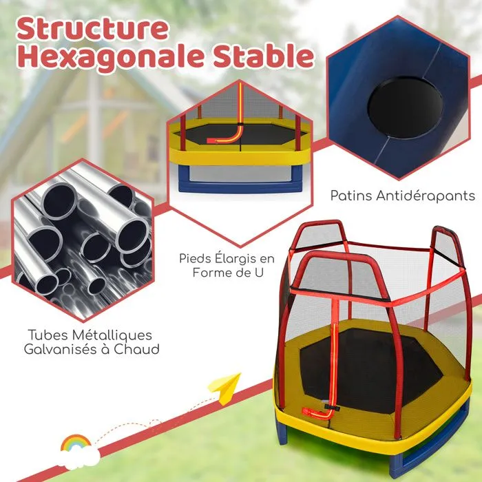 COSTWAY Trampoline Enfants 223cm avec Filet de Sécurité Respirant,36 Ressorts Protégés Tapis de Saut en Acier Galvanisé 150kg Rouge-3