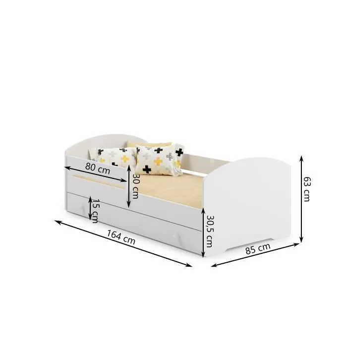 Lit enfant LUK 80x160 avec matelas sommier et tiroir, barrière de sécurité Blanc-2